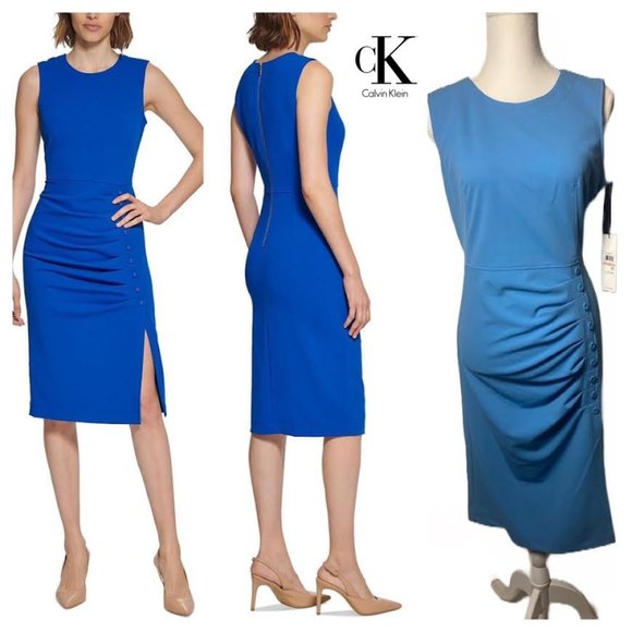 NWT $134 CALVIN KLEIN Women 12 Button-Trim Pleated Sheath Stretch Midi Dress - Picture 1 of 7
